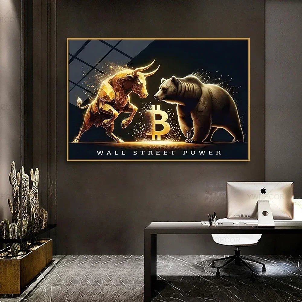 Artwork Bitcoin Bull Bear Animals Canvas Painting