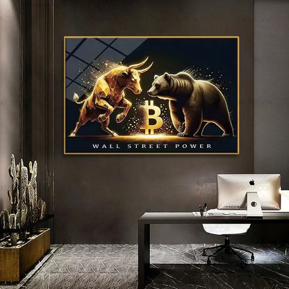 Artwork Bitcoin Bull Bear Animals Canvas Painting
