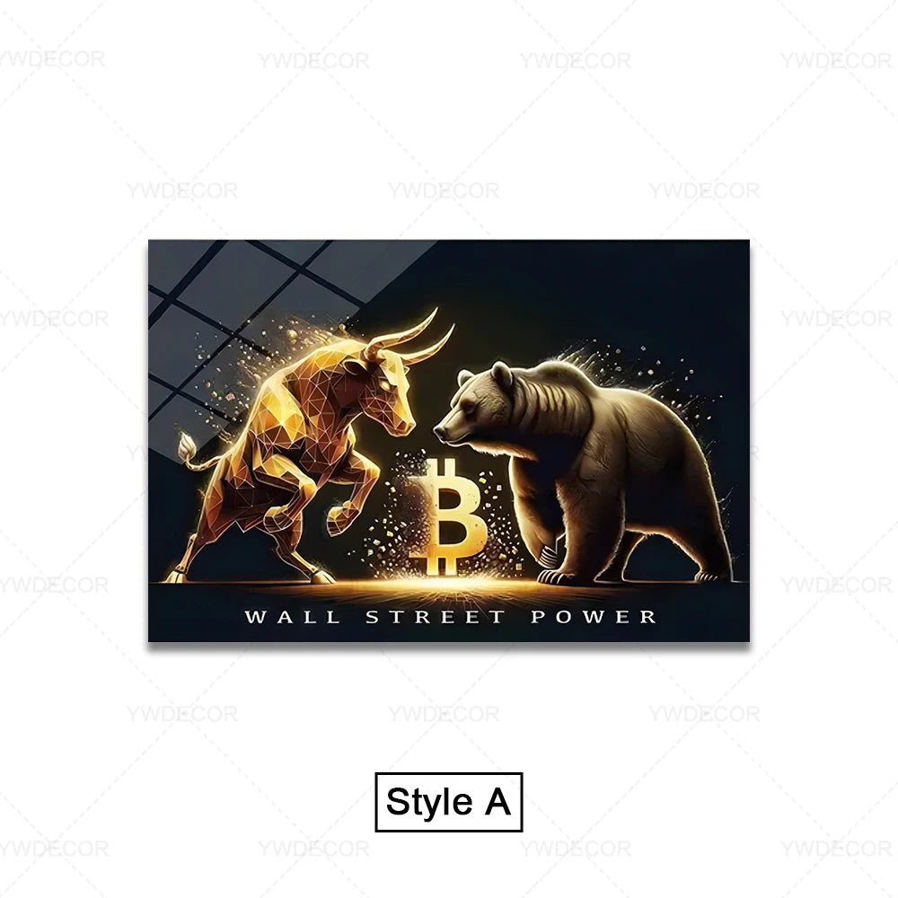 Artwork Bitcoin Bull Bear Animals Canvas Painting