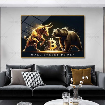 Artwork Bitcoin Bull Bear Animals Canvas Painting