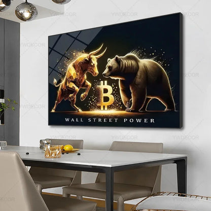 Artwork Bitcoin Bull Bear Animals Canvas Painting