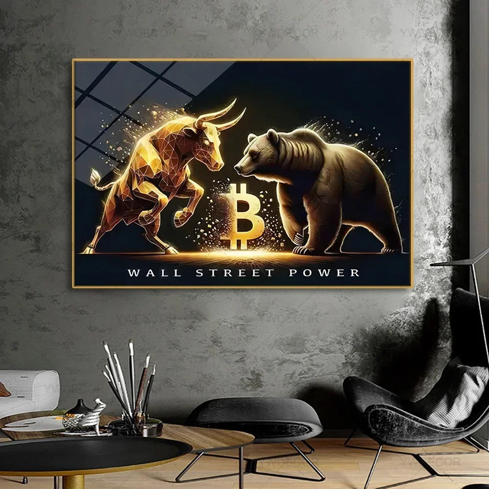 Artwork Bitcoin Bull Bear Animals Canvas Painting