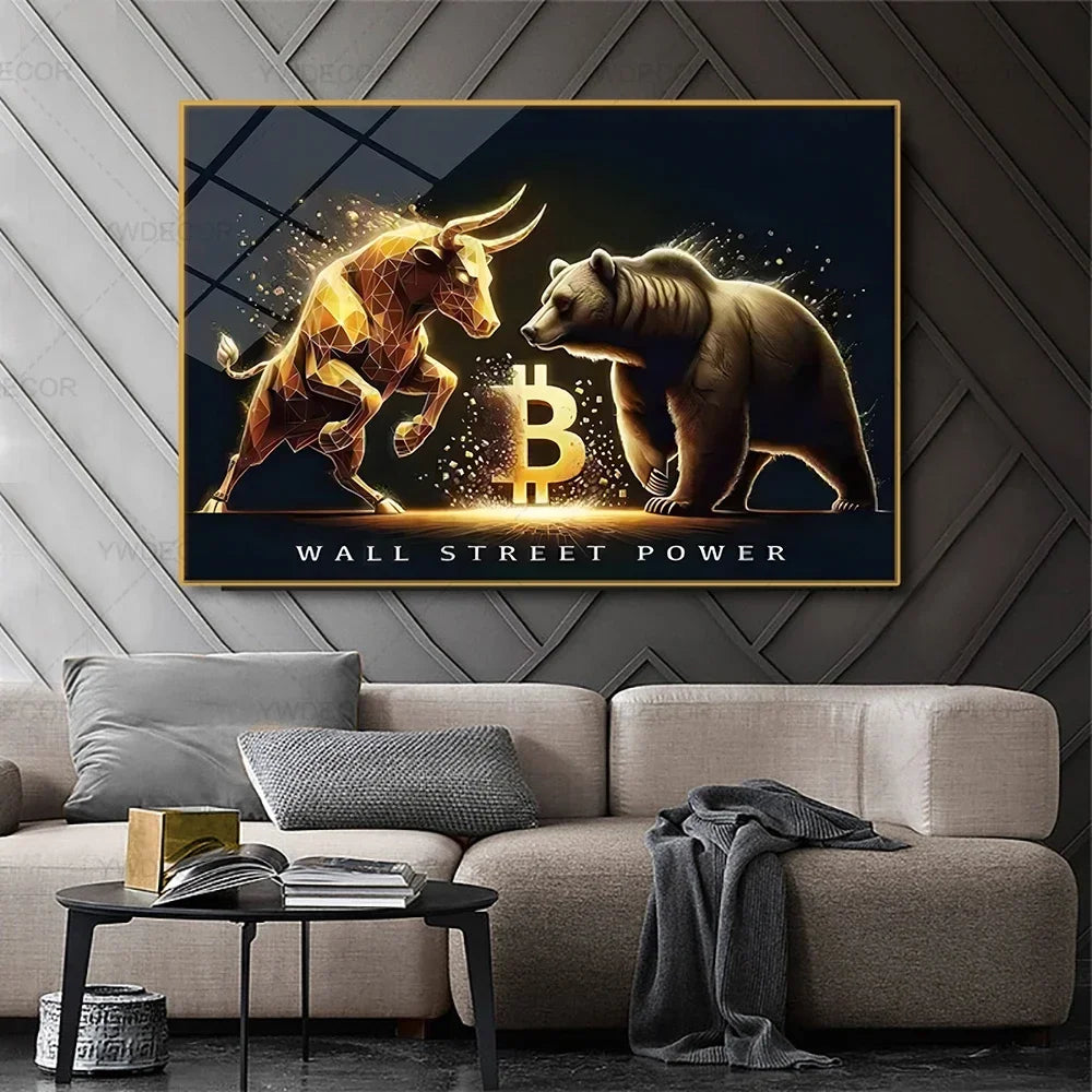 Artwork Bitcoin Bull Bear Animals Canvas Painting
